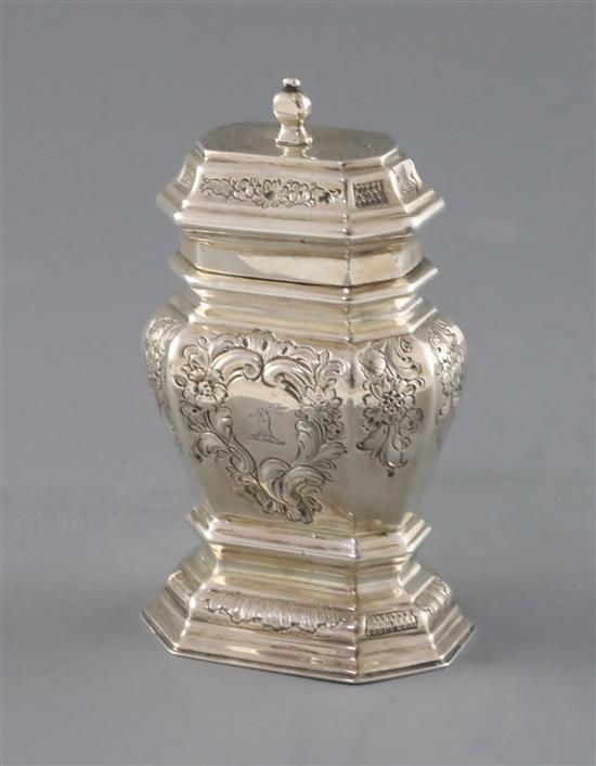 A late George I silver narrow bombe shaped tea caddy, 4.5 oz.